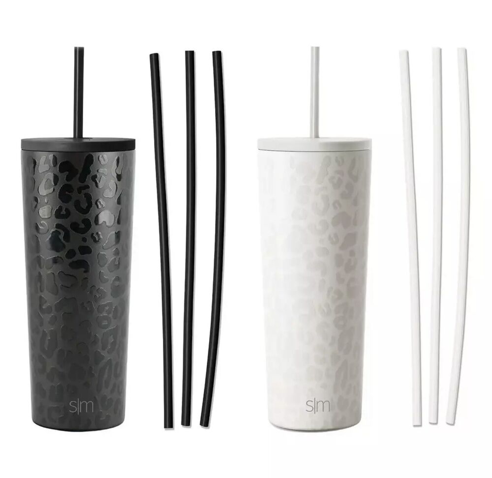 Simple Modern 2 Pack 24oz Stainless Steel Tumblers, 6 Bonus Straws Leopard White
