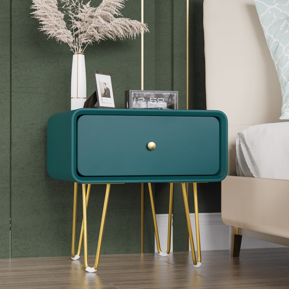 Simplist Nightstand w/4 Metal Legs Wooden Bedroom End Side Table w/Drawer Green