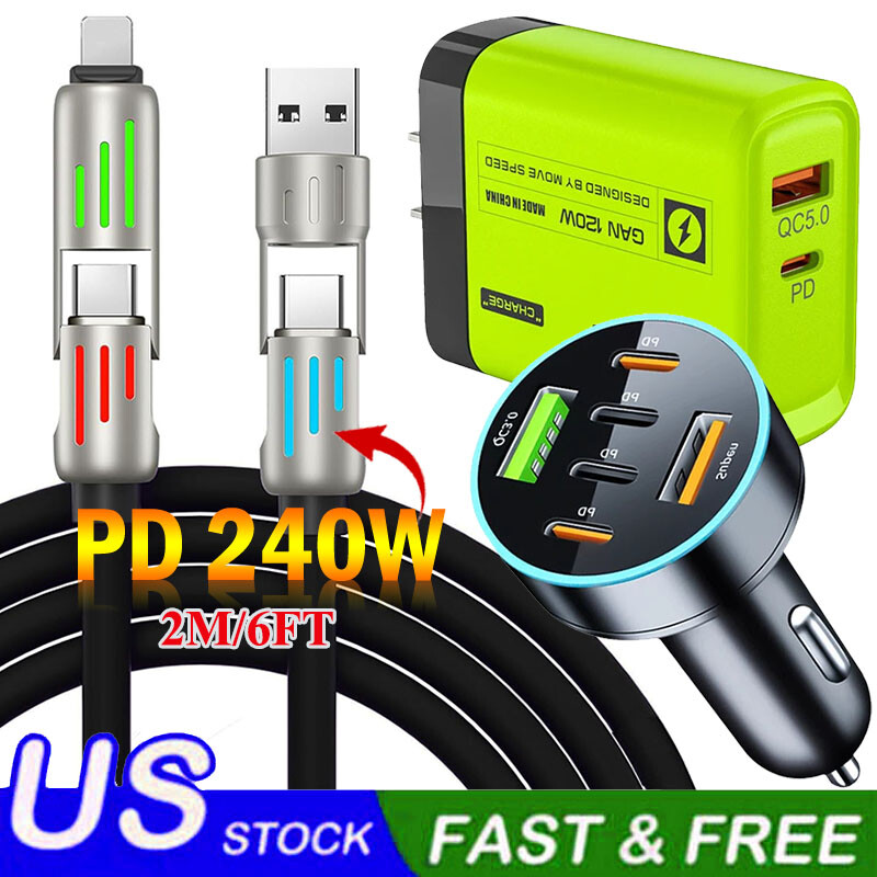 240W Fast Type C Wall Charger & 6FT 4 in 1 Cable For Samsung S24 Ultra S23 S22