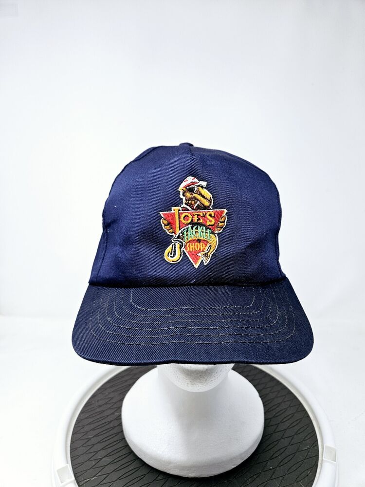 VINTAGE 90s Joe Camel Joes Tackle Shop Fishing Cigarette Snapback Hat Blue USA