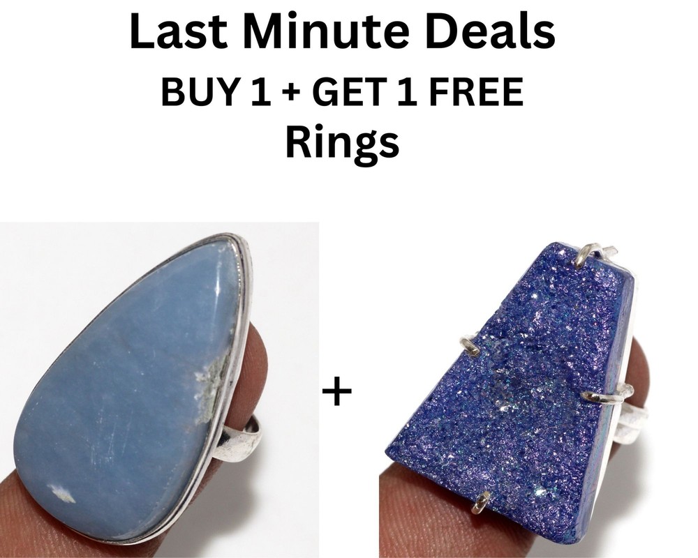 Angelite, Titanium Druzy Gemstone Two Ring Us Size Combo Set 7|6 JW