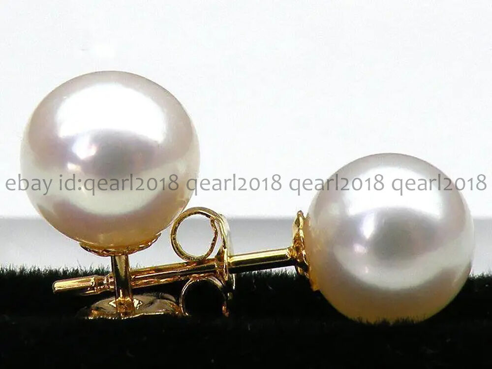 Perfect Round Real Natural White South Sea Pearl Stud Earrings 14K Yellow Gold