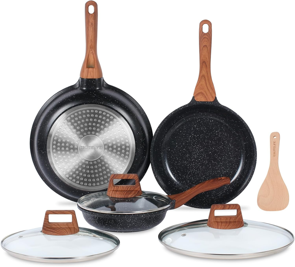 Nonstick Ceramic Frying Pan Set with Lids - Non-Toxic Omelette Skillet Kit