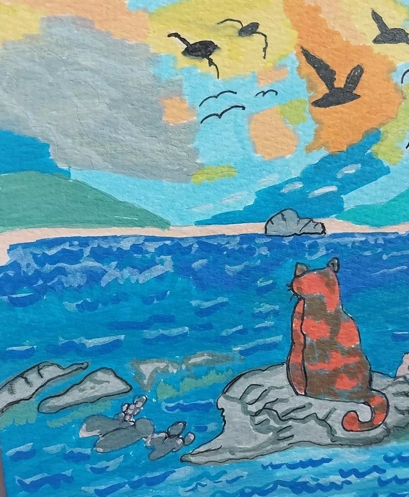 GAT PAINTING ORIGINAL IMPRESSIONIST Whimsical Animal Cat Kitten Beach Seascape