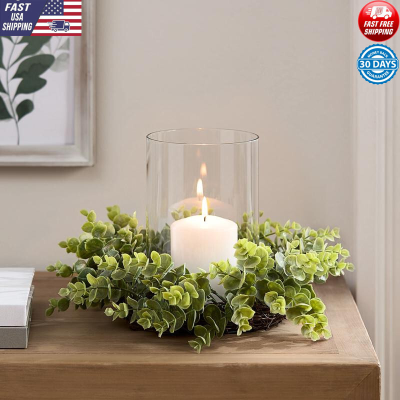 Decorative Glass Hurricane Candle Holder with Faux Eucalyptus and Iron Base