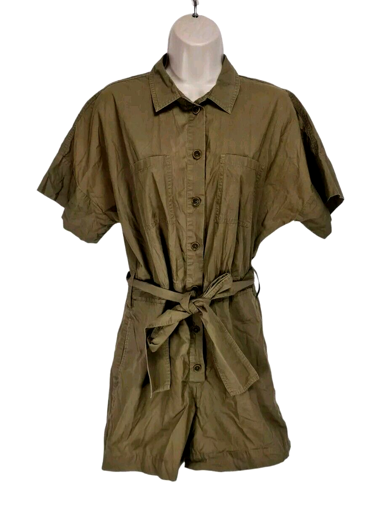 J.CREW Women Short Romper Jumpsuit Sz 4 Olive Green Button Up Short Sleeve 192P