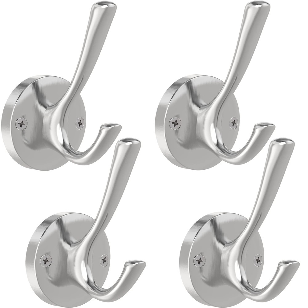 Brushed Nickel Wall Hooks, 4 Pack Heavy Duty Coat Towel Hook Metal Double Hoo...