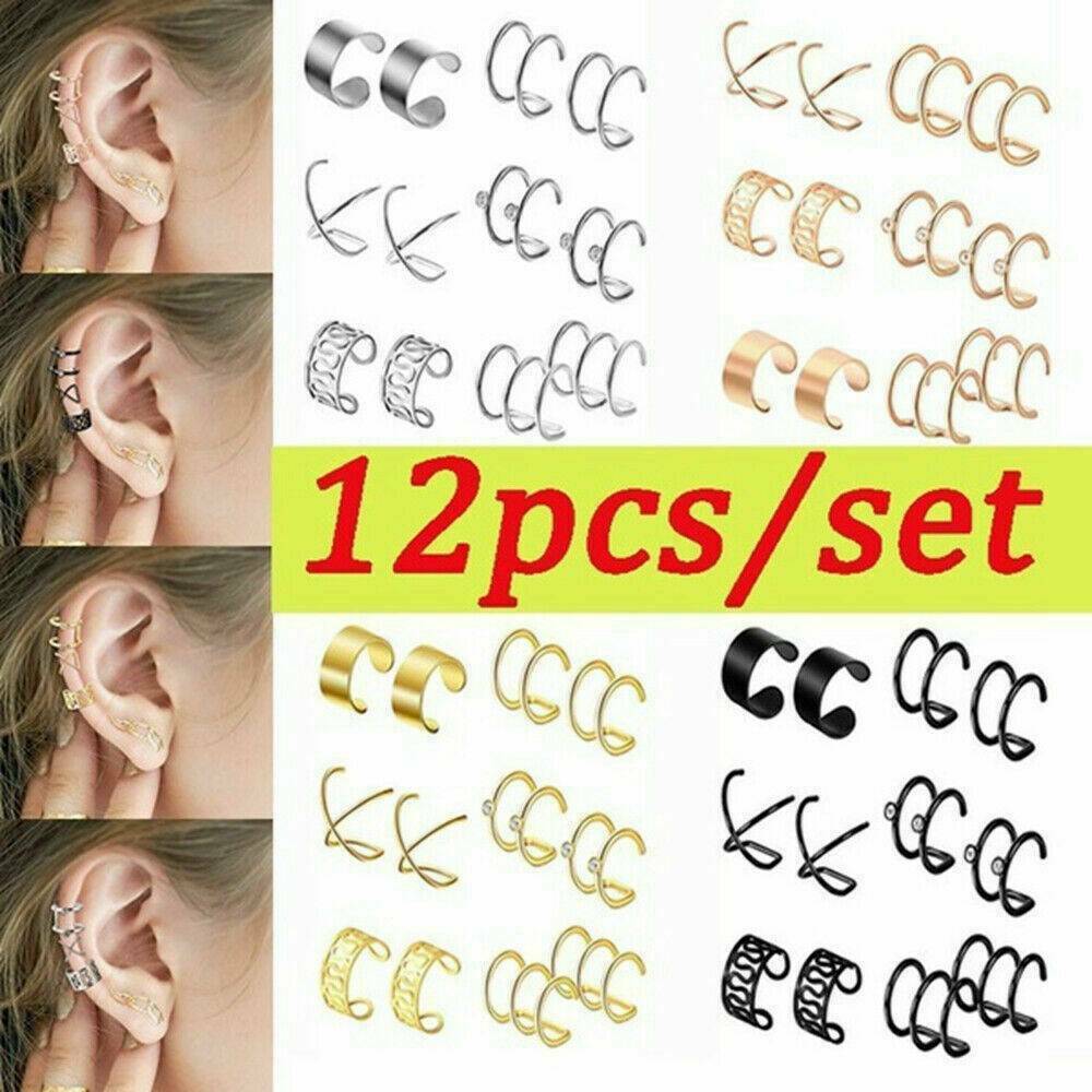 12pcs Non-Piercing Stainless Steel Wrap Cuff Earrings for Men & Women