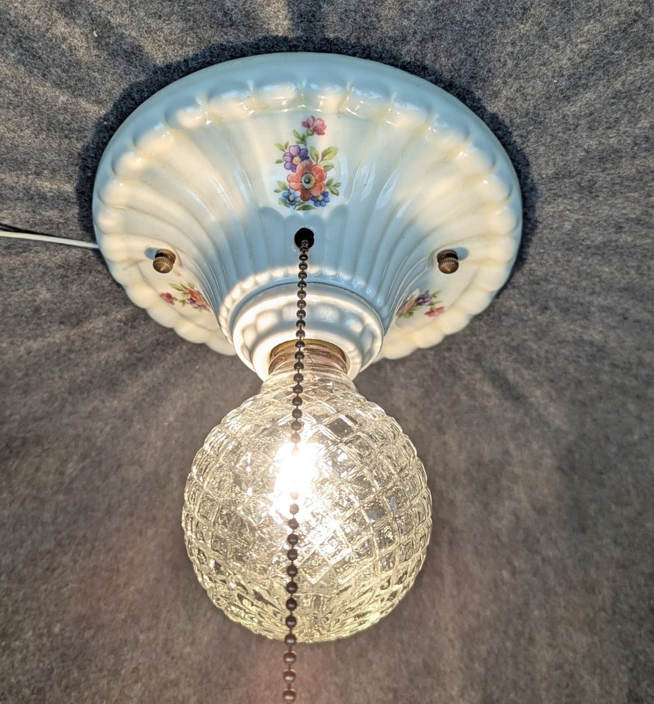Restored PORCELIER Single-Bulb Porcelain Ceiling Light Fixture: Art Deco & MCM
