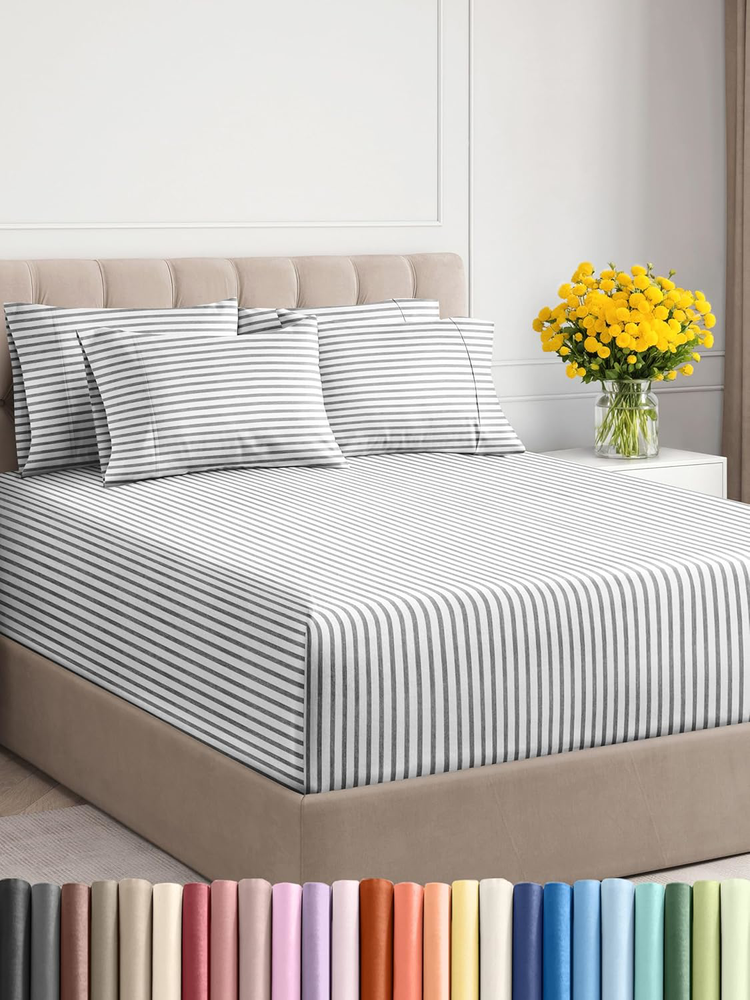 Extra Deep 6-Piece King Cooling Sheet Set in Grey Striped Design