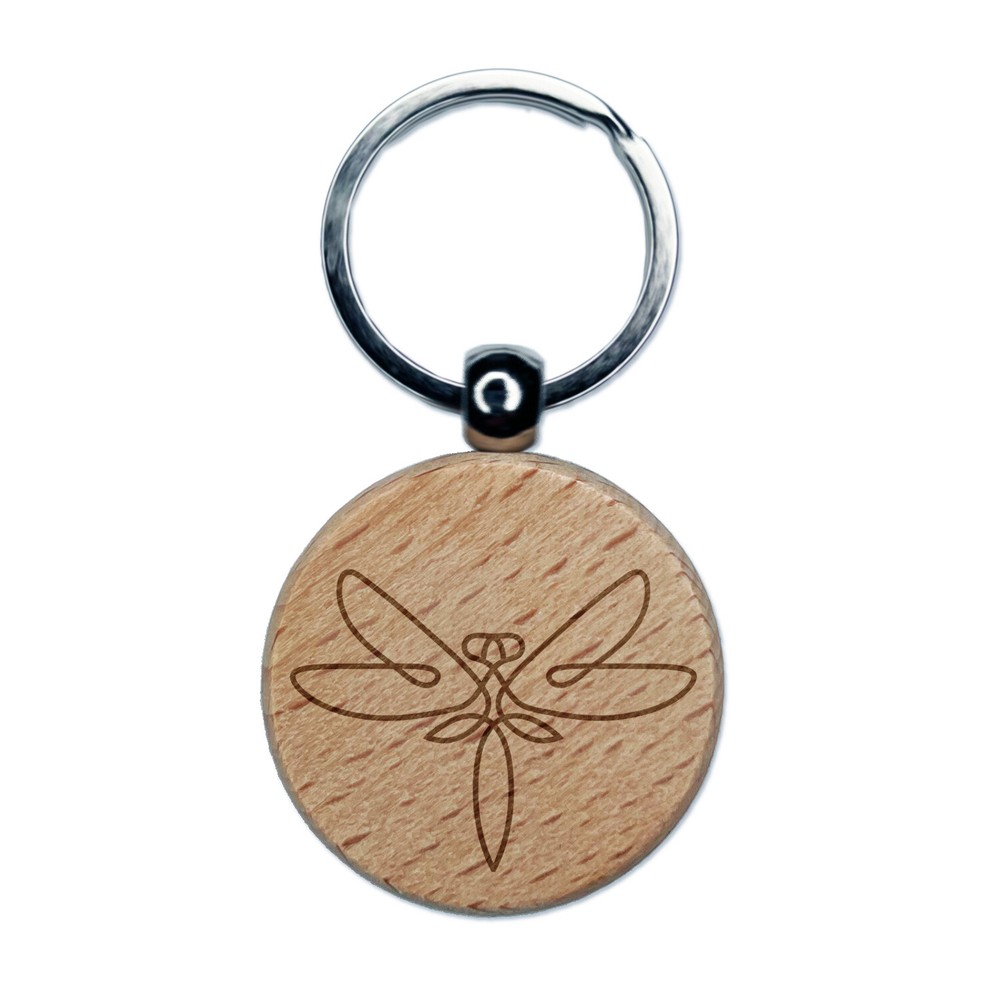 Elegant Dragonfly Line Art Engraved Wooden Round Keychain Charm Tag  