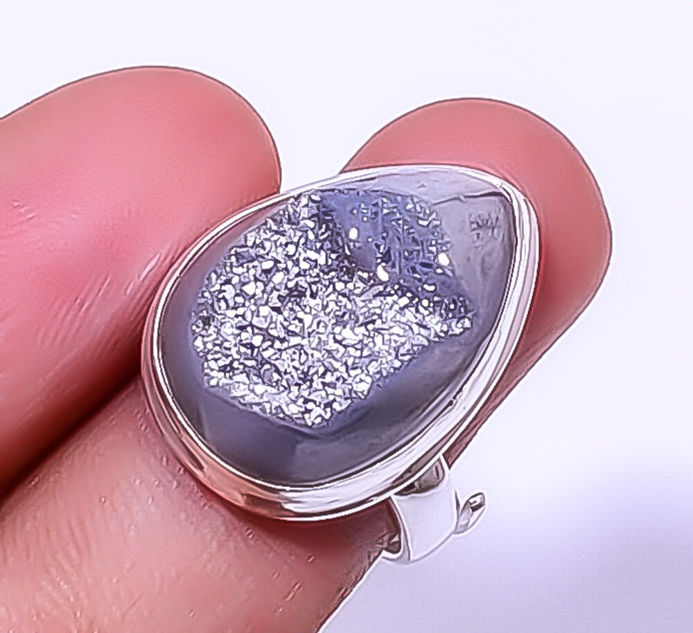 Titanium Silver Agate Drusy 925 Sterling Silver Ring Adjustable (R100) A391