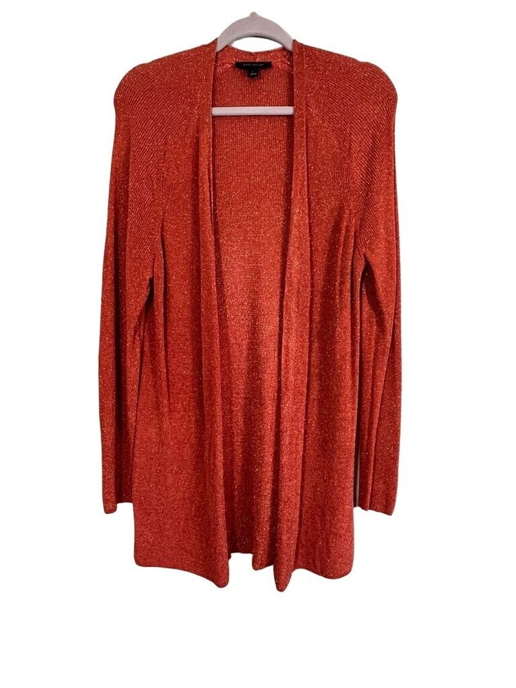 Ann Taylor Sweater Women L Orange Open Knit Metallic Cardigan Ribbed Retro Soft