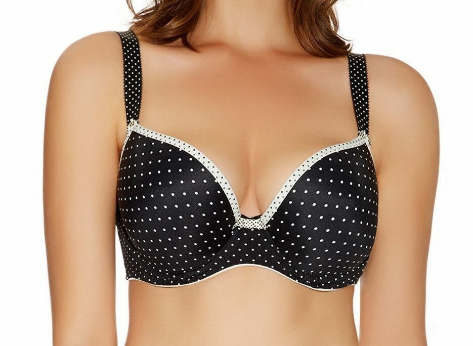 Freya Deco Spotlight Bra Size 32C Underwired Padded Plunge Black White Spot 1554