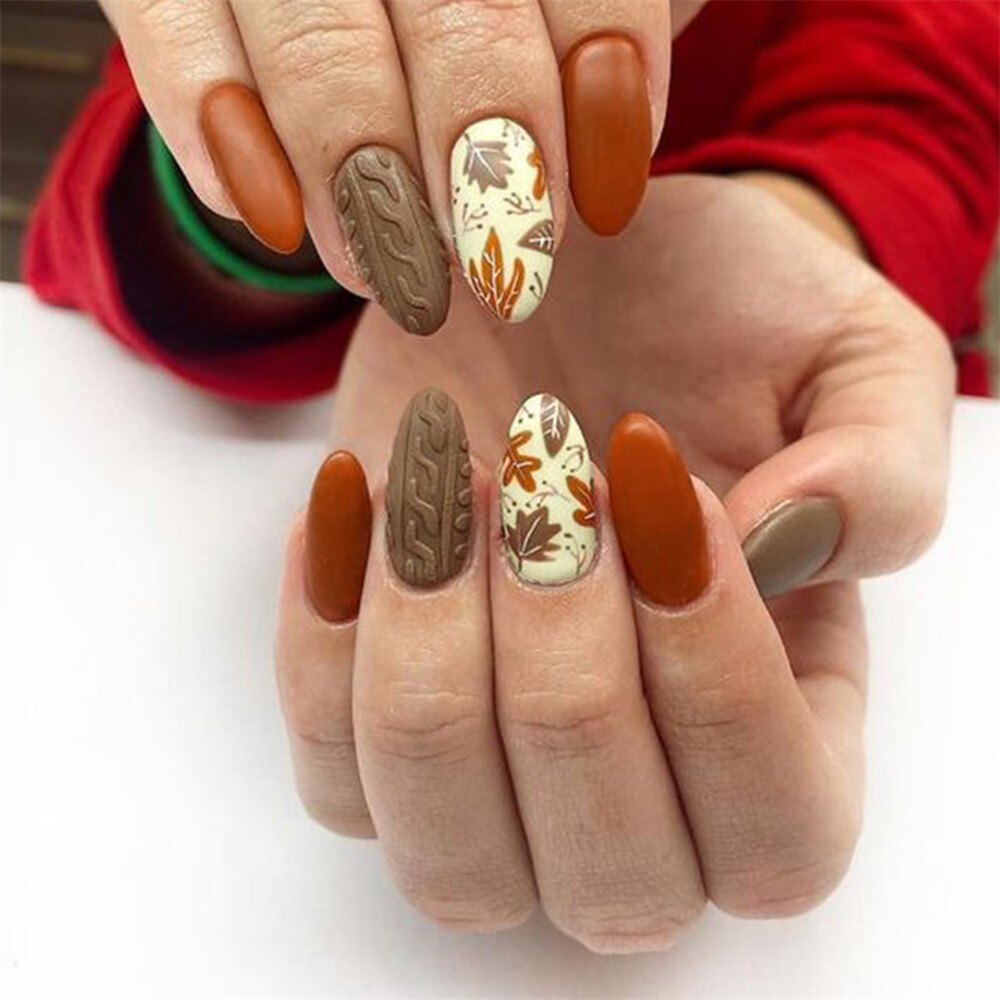Short Almond Press-On Nails Maple Leaf Fall Thanksgiving Manicure 24pcs
