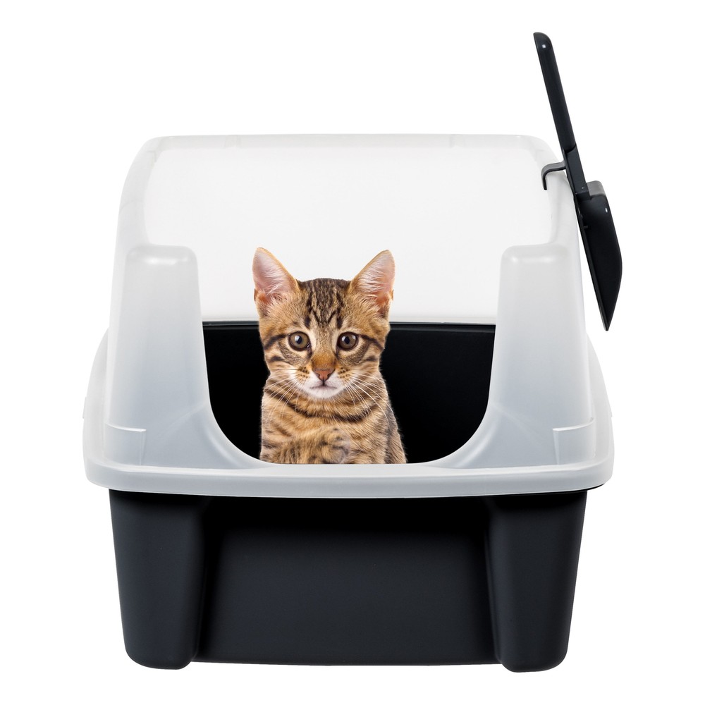 Inspired Essentials, High Sided Open Top Cat Litter Box with Scoop, Solid Black