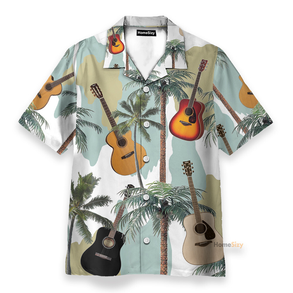Guitars and Coconut Tree Tropical Hawaiian Shirt with Vibrant Island Design for Men and Women