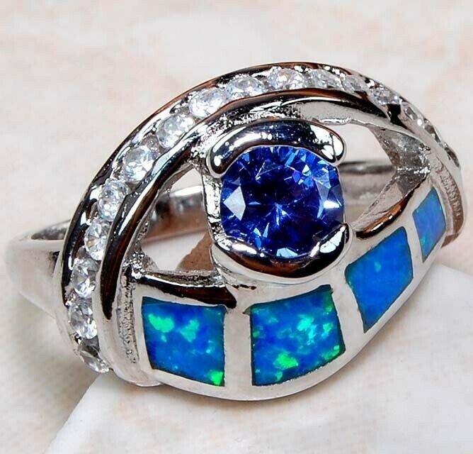 1CT Treated Sapphire & Australian Opal Inlay 925 Sterling Silver Ring Sz 7 BA4