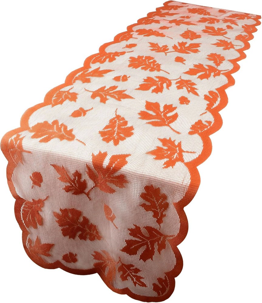 Thanksgiving Table Runner, Fall Runner Lace Leaf A 13 x 72 inch, Red