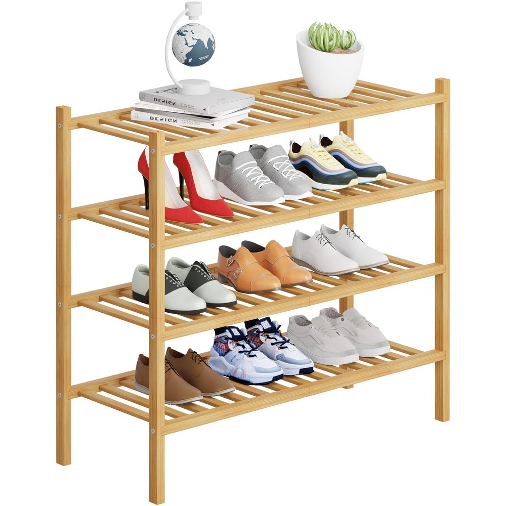 4 Tier Bamboo Shoe Rack Organizer Stackable Closet Storage Space Saver