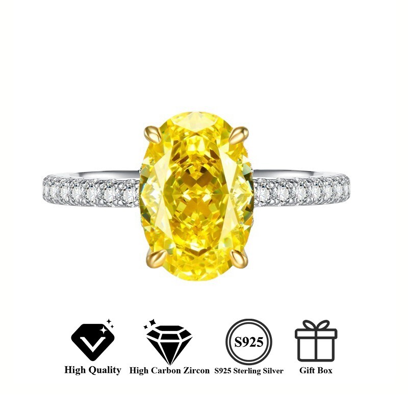 S925 Sterling Silver Oval Citrine High Carbon Zircon November Birthstone Ring