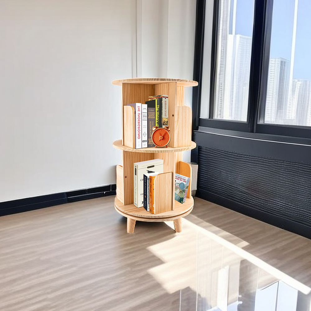 360° Rotating Wooden Bookcase - 2-Tier Freestanding Display Shelf