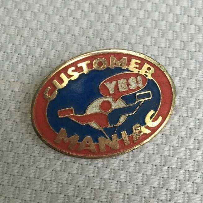 Customer Maniac Lapel Hat Pin Advertisement Collectible Gold Tone Enamel-image