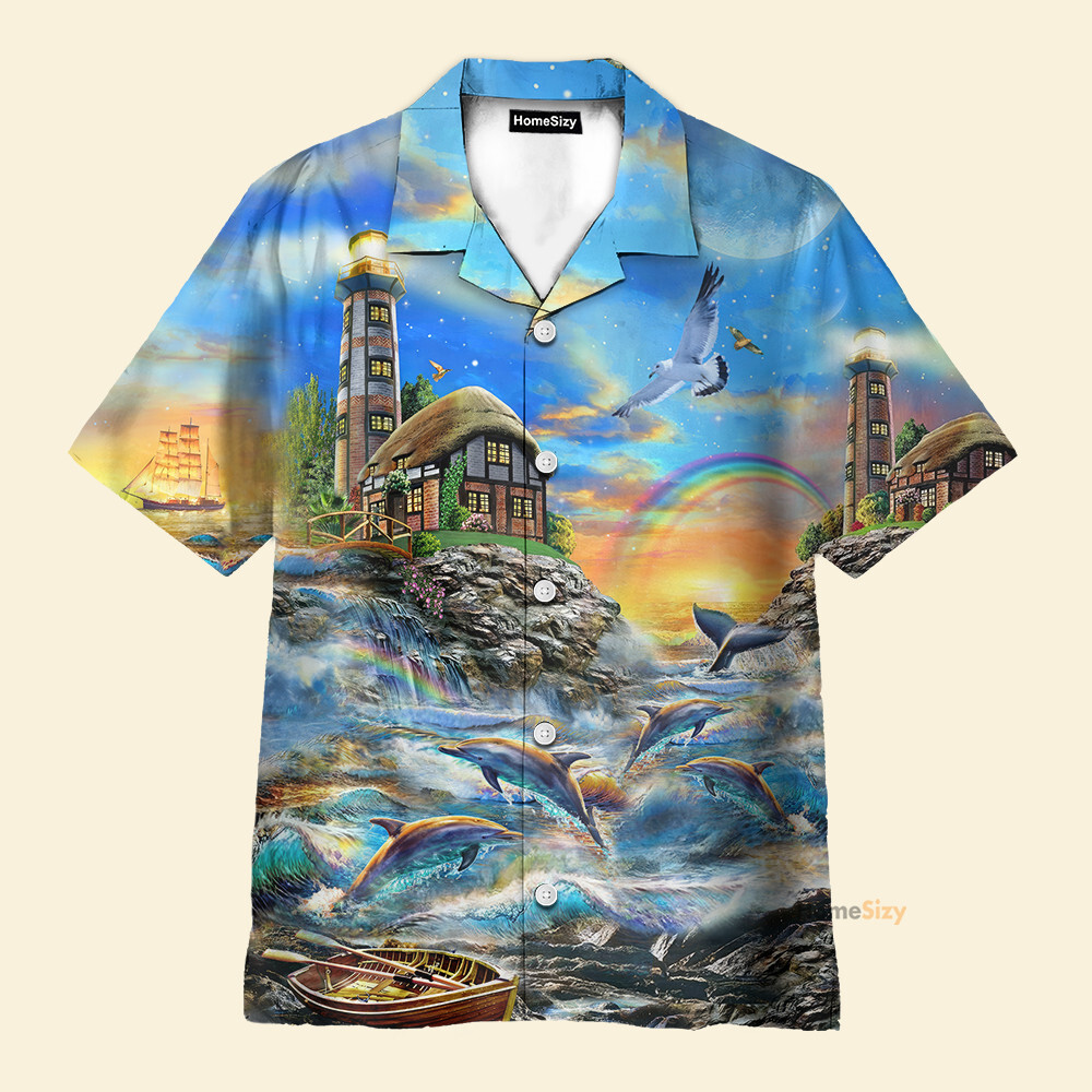Lighthouse Beside The Sea In Sunset   Hawaiian Shirt