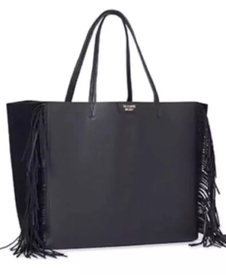 Victorias Secret Tote Bag Limited Edition Faux Leather Fringe Black NEW