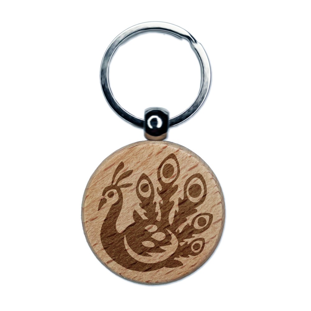 Pretty Peacock Engraved Wood Round Keychain Tag Charm