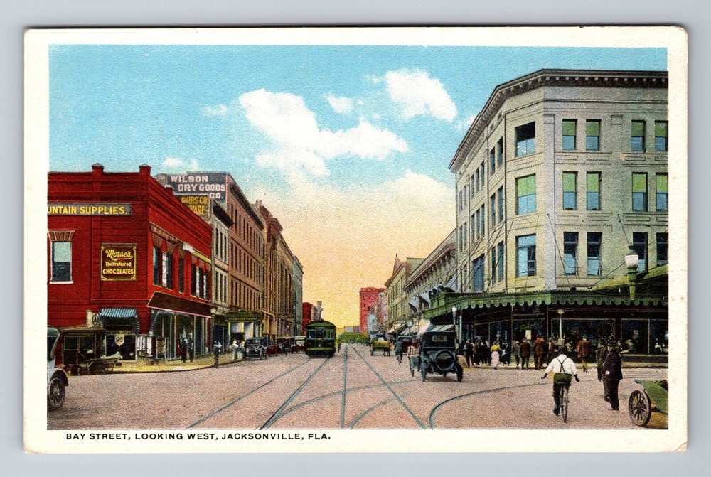 Vintage Postcard of Jacksonville FL Bay Street Tram Cars West View