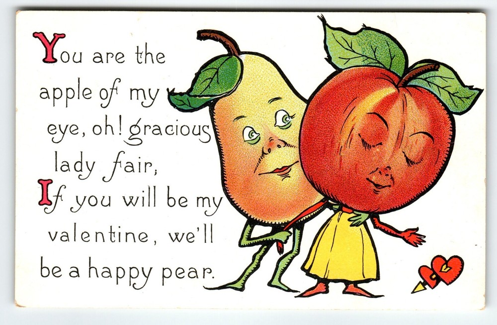 Valentines Day Postcard Tuck Anthropomorphic Pear Apple Fruit Heads Fantasy