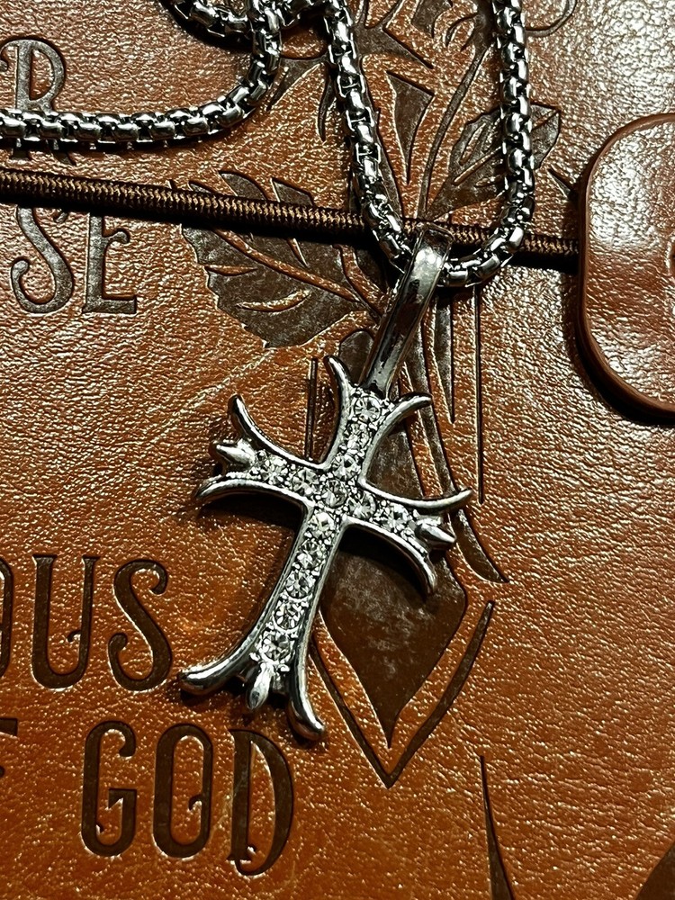 Men’s Cross Necklace, 24”Stainless Steel Chain Simulate Diamonds, Christian gift