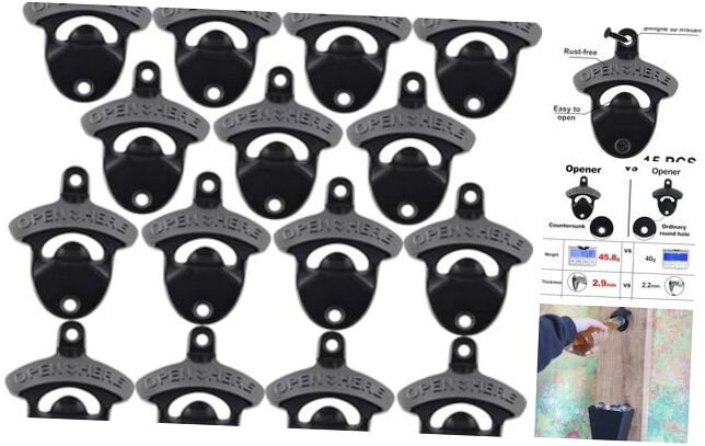 15-Pack Black Wall-Mounted Screw-In Classic Beer Bottle Cap Openers