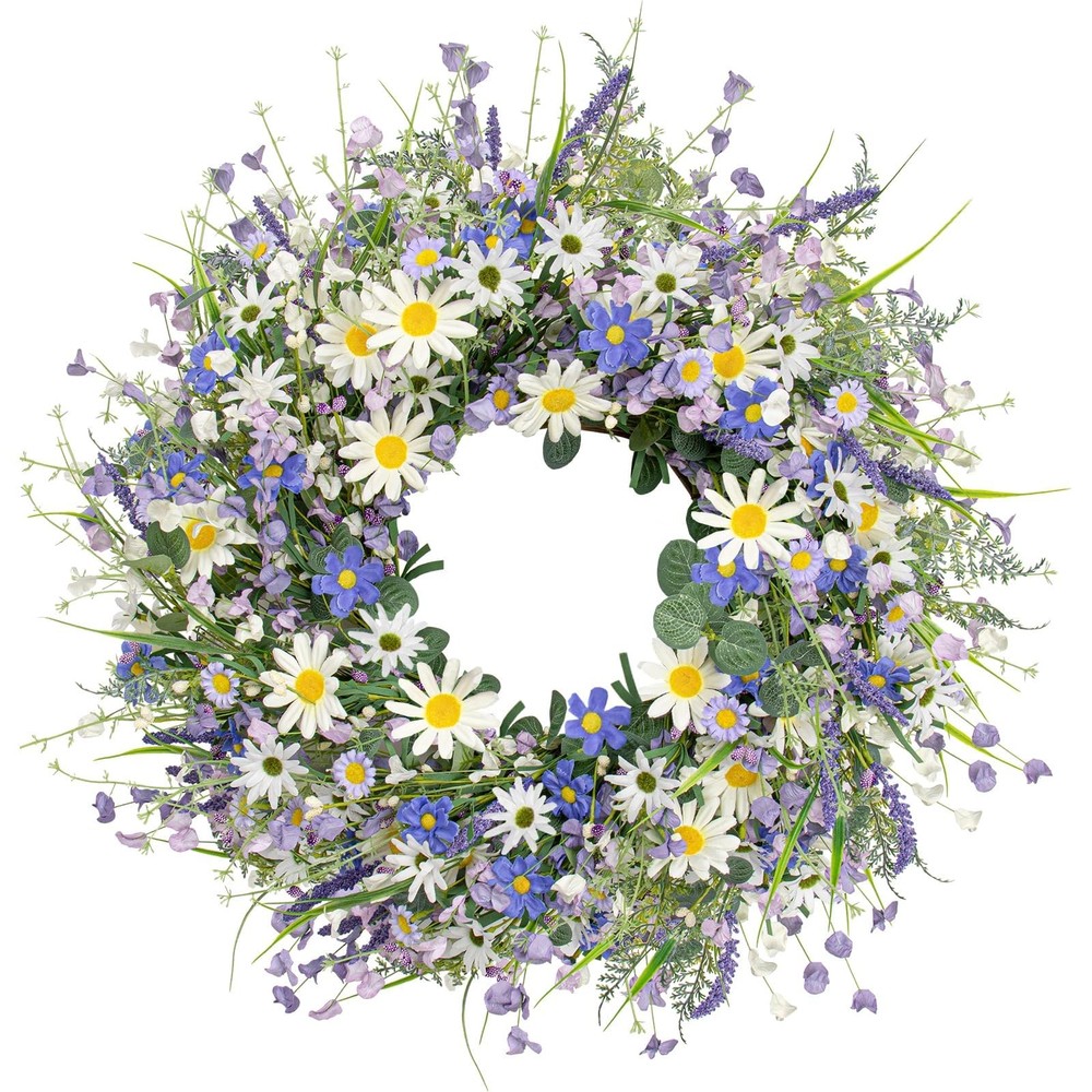 22 Inch Blue Spring Summer Floral Wreath for Front Door