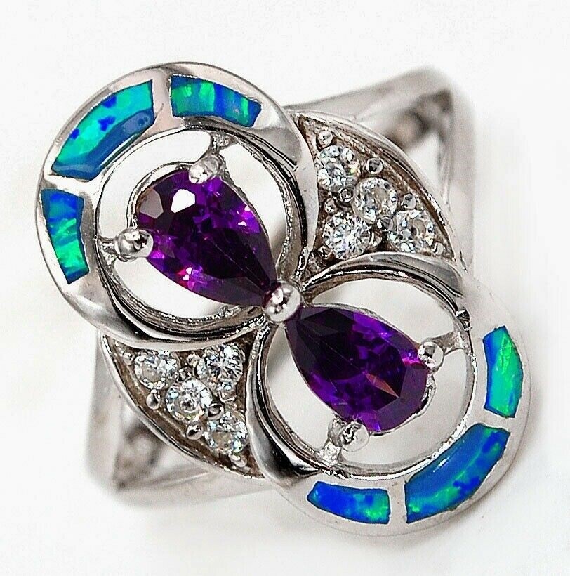 1CT Amethyst & Australian Opal 925 Sterling Silver Size 7 Ring BA1