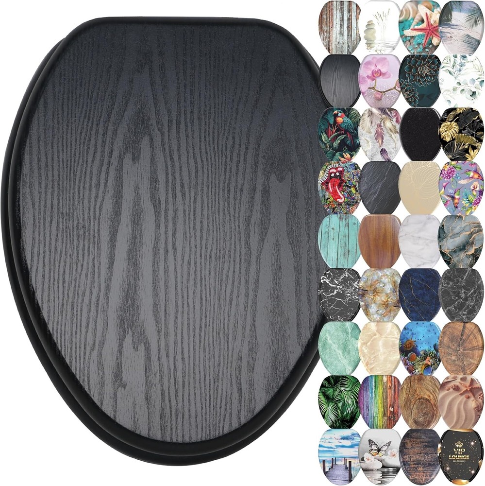 Soft Close Oval Toilet Seat with Elegant Black Wood Motif
