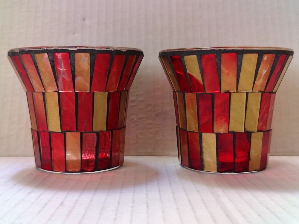 Red Gold Mosaic Tea Light Candle Holders Set of 2 for Votive or LED Candles