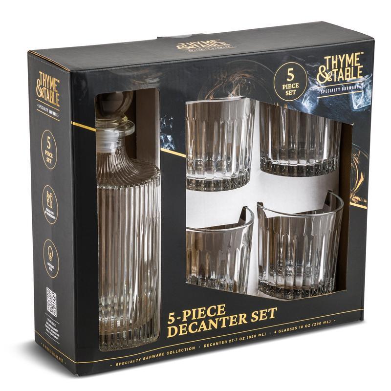 Whiskey Decanter and 4 Cocktail Glasses 5-Piece Home Bar Set  