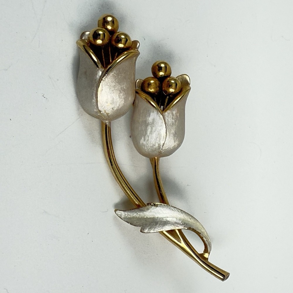 Vintage PASTELLI Signed Tulip Flower Gold Silver Tone Brooch Pin
