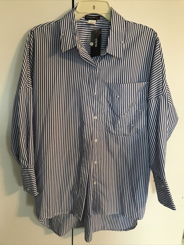 Vivid Importers Womens Large Blue Striped Button Up Shirt w/ Pearl Accents M363