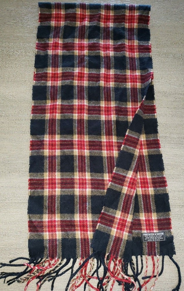 men WINTER SCARF FORECASTER OF BOSTON PLAID red black white tan fringe trim SOFT