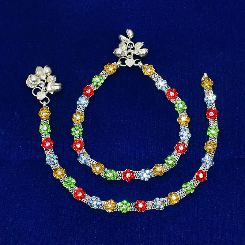 Anklet Silver Plated Barefoot Chain Multicolor Diamante Bell Payal Foot Jewelry