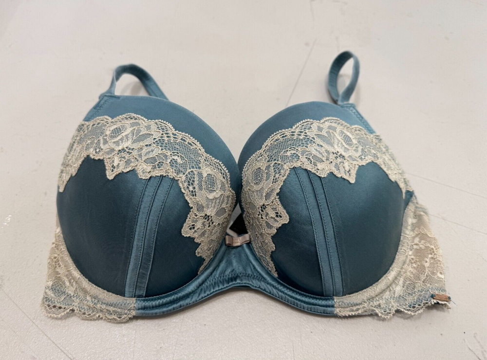 M&S Rosie Bra Underwired Padded Silk Mix Lace Trim Satin Bra Size 32DD Blue