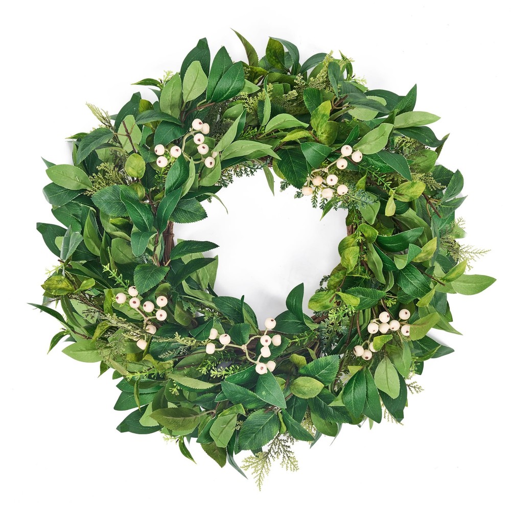 GENMOUS 24 Inch Spring Summer Green Cypress Leaf Wreath for Front Door Decor