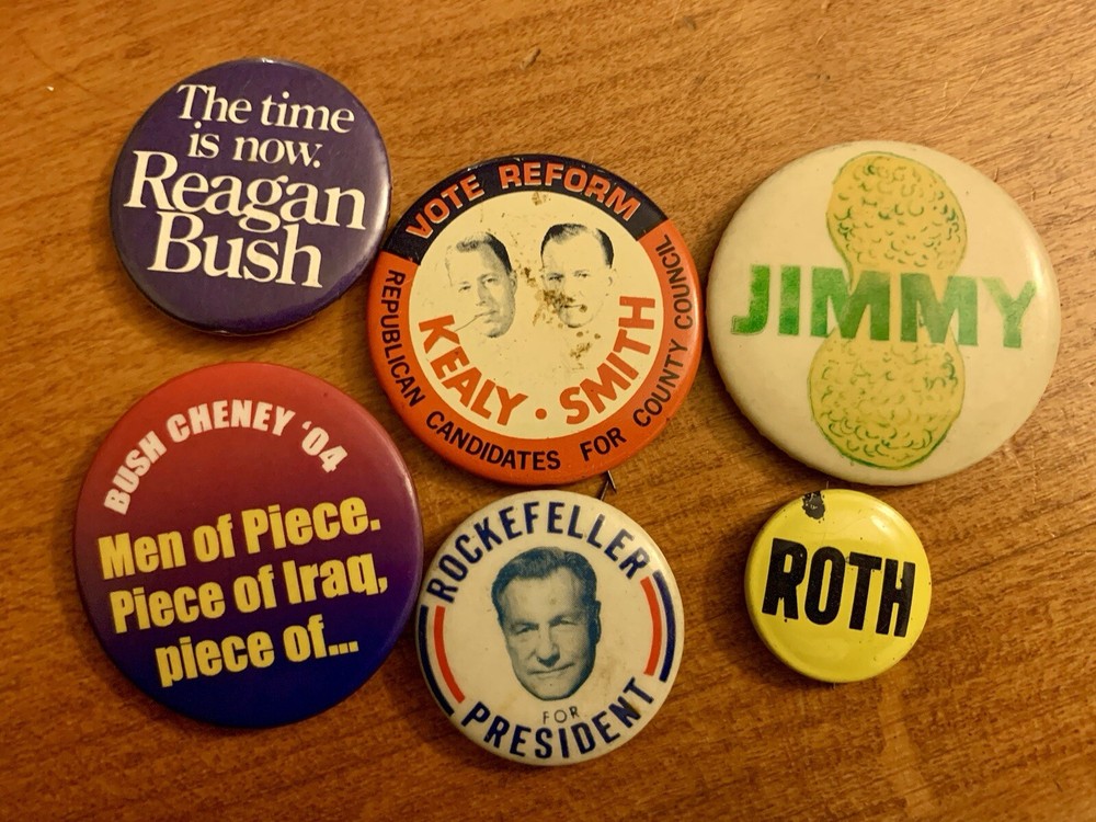 6 Political Campaign Button Pin Lot Reagan Rockefeller Roth Carter Kealy Cheney