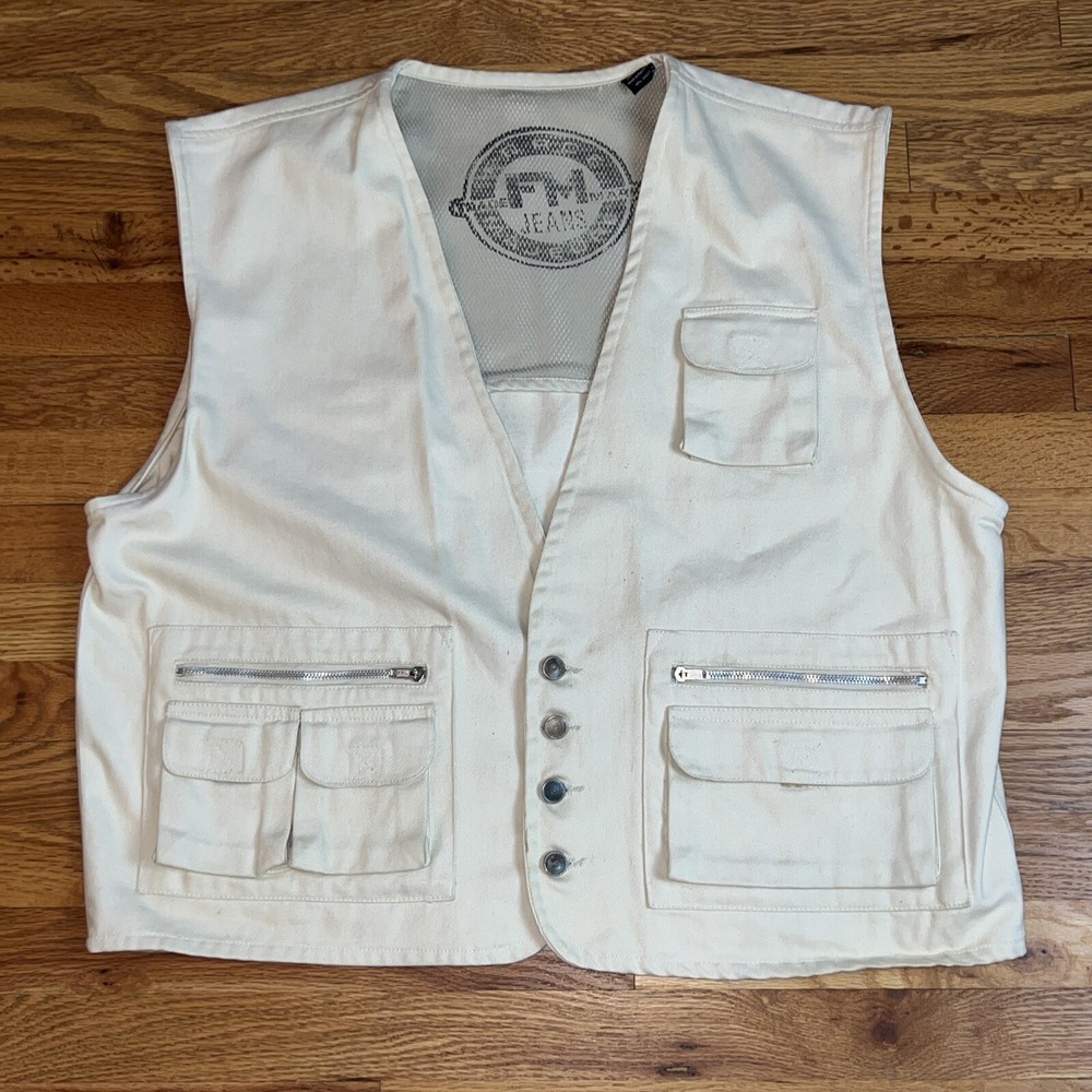 Vintage 90’s Hip Hop Utility Vest Pockets Zippers Oversized Canvas Sz L