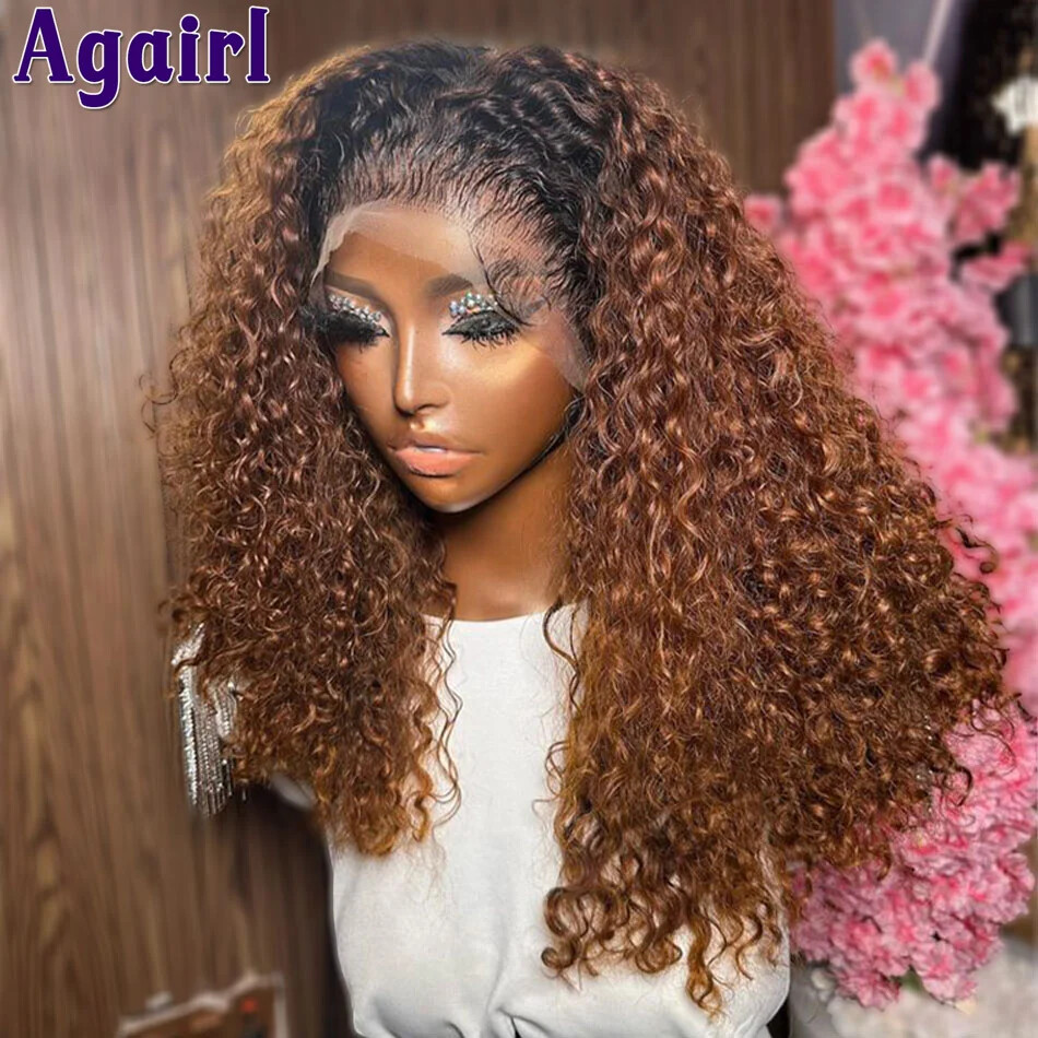 Ginger Brown Black Roots Curly Lace Front Human Hair Wig Glueless