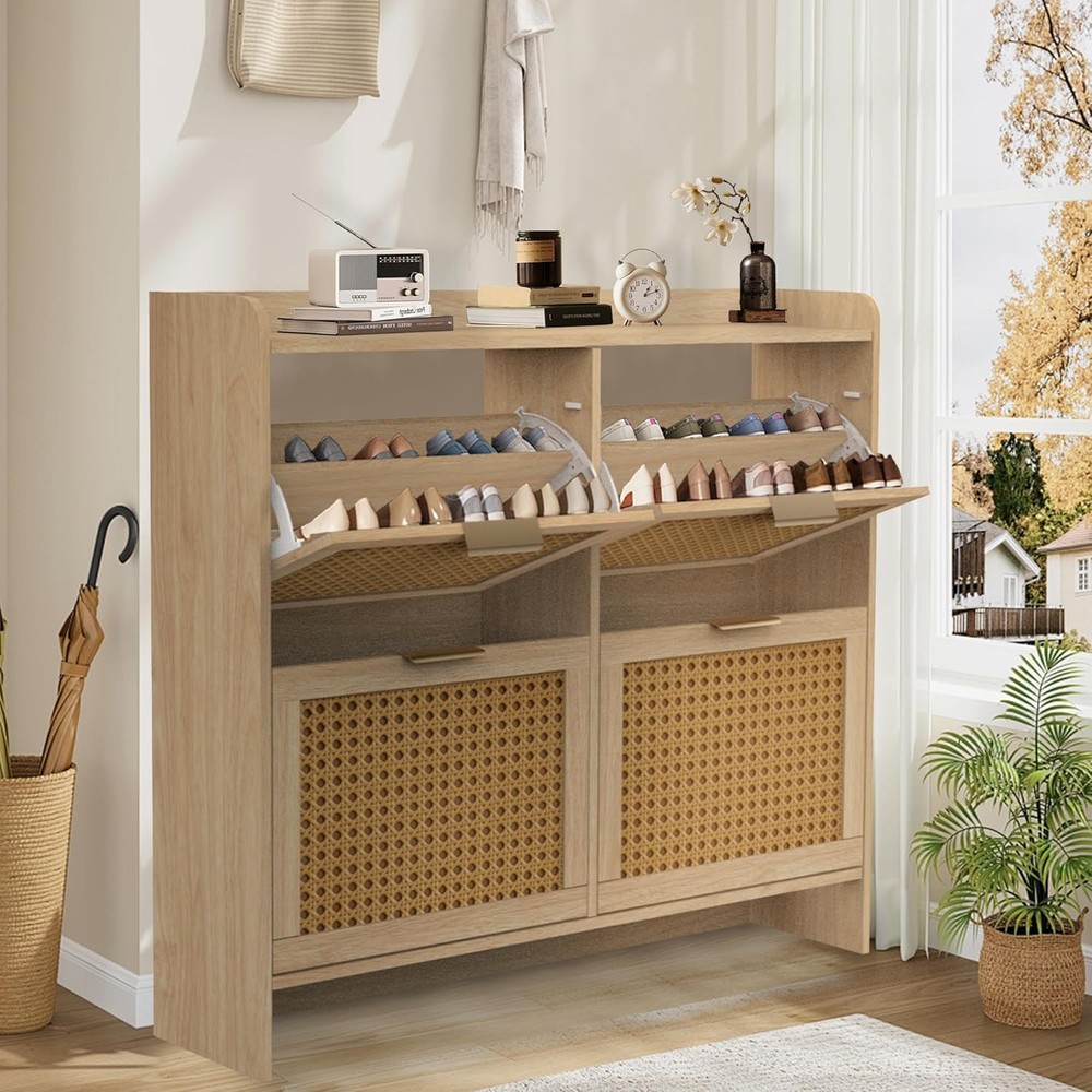 4-Drawer Rattan Shoe Cabinet - Freestanding Narrow Storage