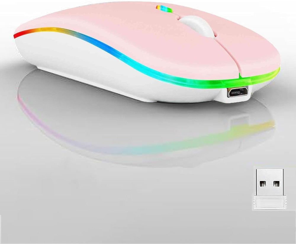 Slim Pink Wireless Bluetooth Mouse with LED Rechargeable Silent Dual Mode